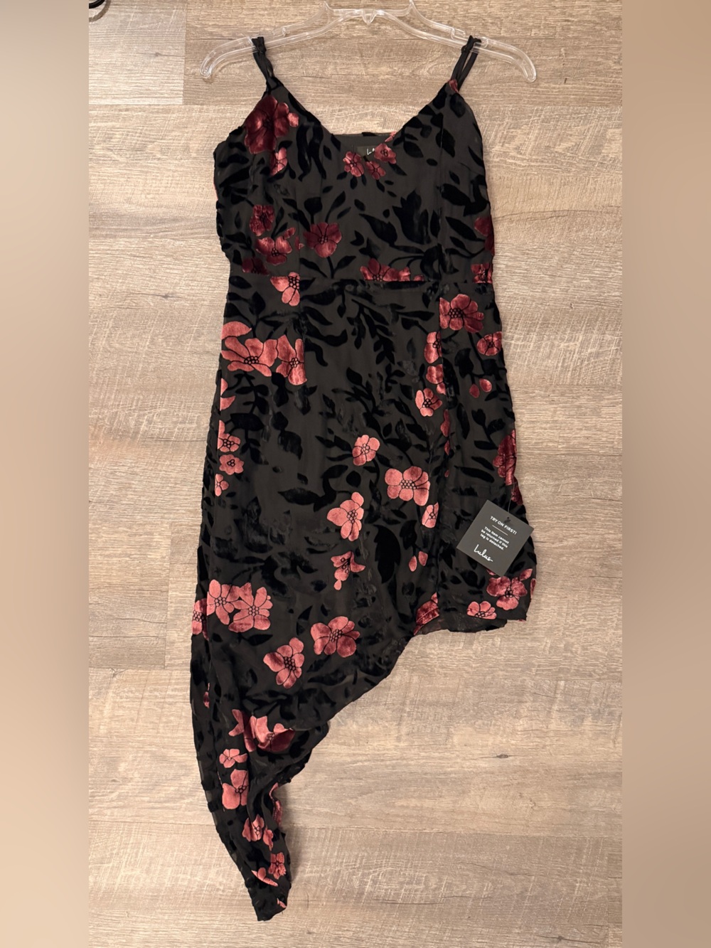 Lulu's Black Velvet Floral Asymmetric Dress with Pink Flowers